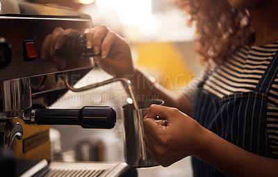 Buy stock photo Coffee machine, hands and barista steam milk in cafe for latte, espresso and cappuccino drinks. Closeup of waitress, jug and hot beverage for heating in caffeine process, restaurant service and store