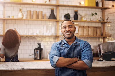 Buy stock photo Coffee shop, crossed arms and portrait of black man in cafe for service, working and restaurant startup. Small business owner, professional barista and male waiter smile in cafeteria ready to serve