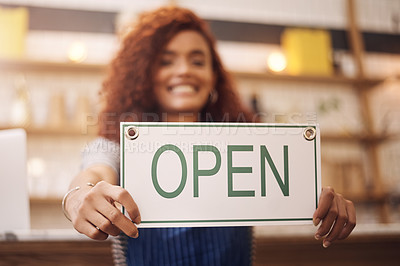 Buy stock photo Open sign, hands and woman in shop, store and advertising notice of retail shopping time, board or trading information. Closeup, small business owner and opening banner for welcome, start or services