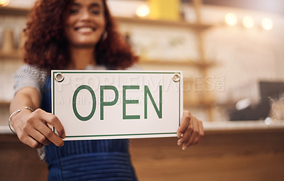 Buy stock photo Open sign, hands and woman advertising in store, shop and notice of retail shopping time, board or trading information. Closeup, small business owner and opening banner for welcome, start or services