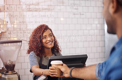 Buy stock photo Happy woman, waitress and serving coffee cup to customer in cafeteria, restaurant shop and small business. Female barista, server and giving cappuccino drinks order with smile for friendly service 