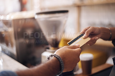 Buy stock photo Credit card, cashier and hands of customer in cafe for payment, financial transaction and point of sales service. Closeup of finance, trade and bills to barista in coffee shop, b2c offer and shopping