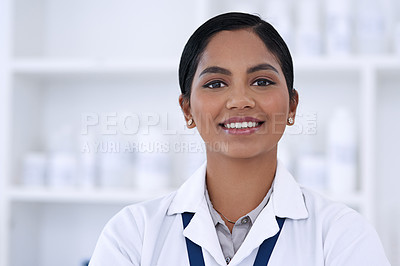 Buy stock photo Cropped portrait of an attractive young female scientist standing in her laboratory