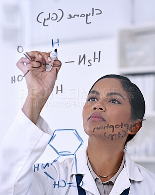 Buy stock photo Woman, science and writing formula on glass wall, research process for healthcare vaccine with dna equation. Female scientist, working and lab with data for medicine, development or strategy