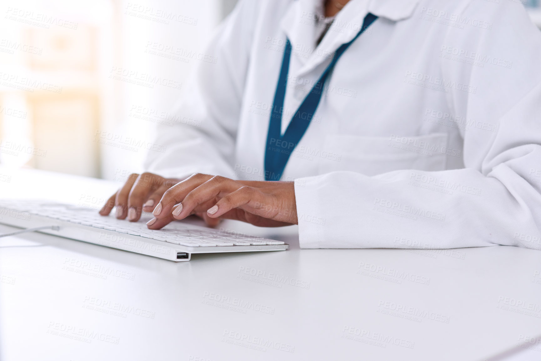 Buy stock photo Hands, keyboard and science with person typing at desk in laboratory for innovation or research. Healthcare, medicine and technology with scientist in office for breakthrough, discovery or report