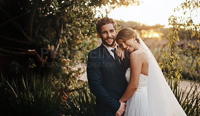 Buy stock photo Wedding, love and portrait of couple in garden for marriage, ceremony celebration and commitment. Save the date, trust and bride and groom hug, embrace and happy for romance, loving and peace in park