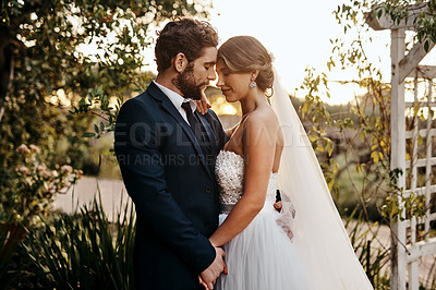 Buy stock photo Wedding, love and bride with groom in garden for marriage, ceremony celebration and commitment. Romantic partners, trust and bridal couple hug, embrace and happy for romance, calm and peace in park