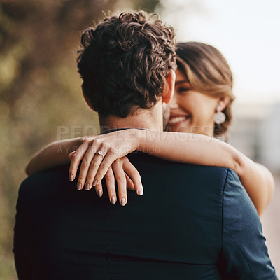 Buy stock photo Couple hug outdoor, wedding and marriage with love and relationship commitment, partnership and respect. Life partner, happiness and groom with bride hands and ring, loyalty with happy people