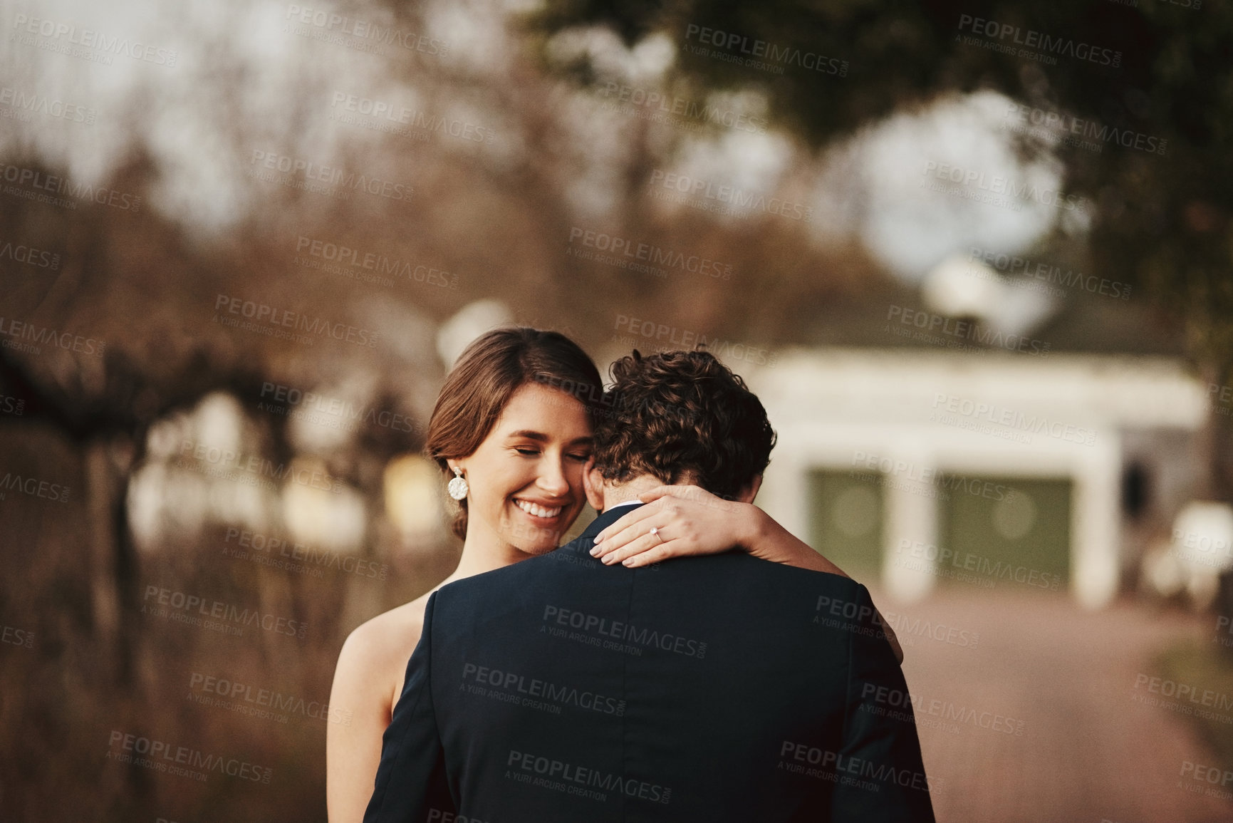 Buy stock photo Happy couple, outdoor on wedding, marriage and love with relationship, commitment and partnership with people in vineyard. Life partner, happiness and groom with bride, peace and hug with mockup