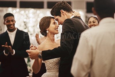 Buy stock photo Love, wedding and happy couple doing a dance together for tradition at a marriage reception. Happiness, smile and young husband and wife dancing with intimacy at ceremony party, event or celebration.