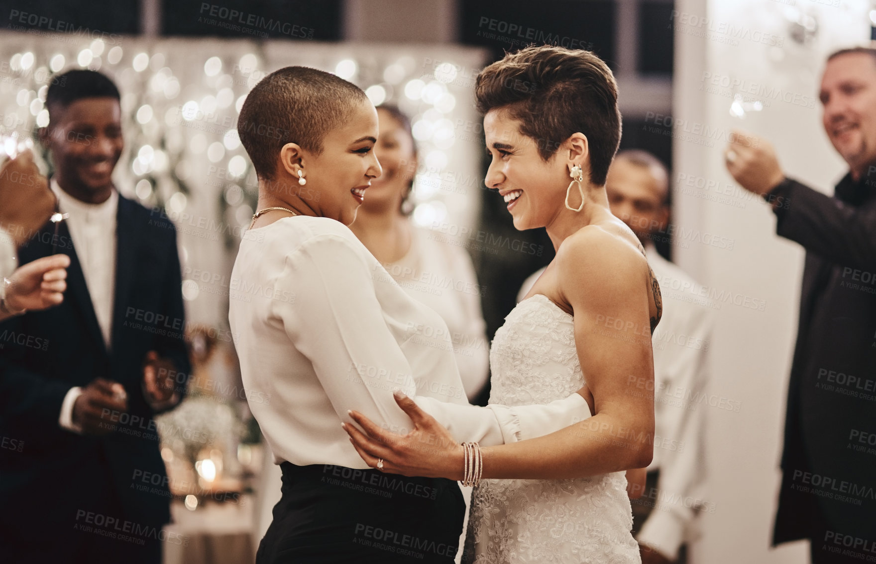 Buy stock photo Wedding, love and lesbian with a dance couple in celebration of their union together at a ceremony of tradition. LGBT, woman or diversity with a female and partner dancing after being married