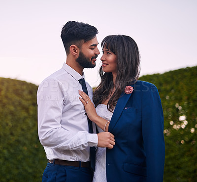 Buy stock photo Couple, hug and love in nature wedding, happy together and marriage celebration in nature. People, countryside and romance in garden or smile for support, trust and commitment to relationship in park