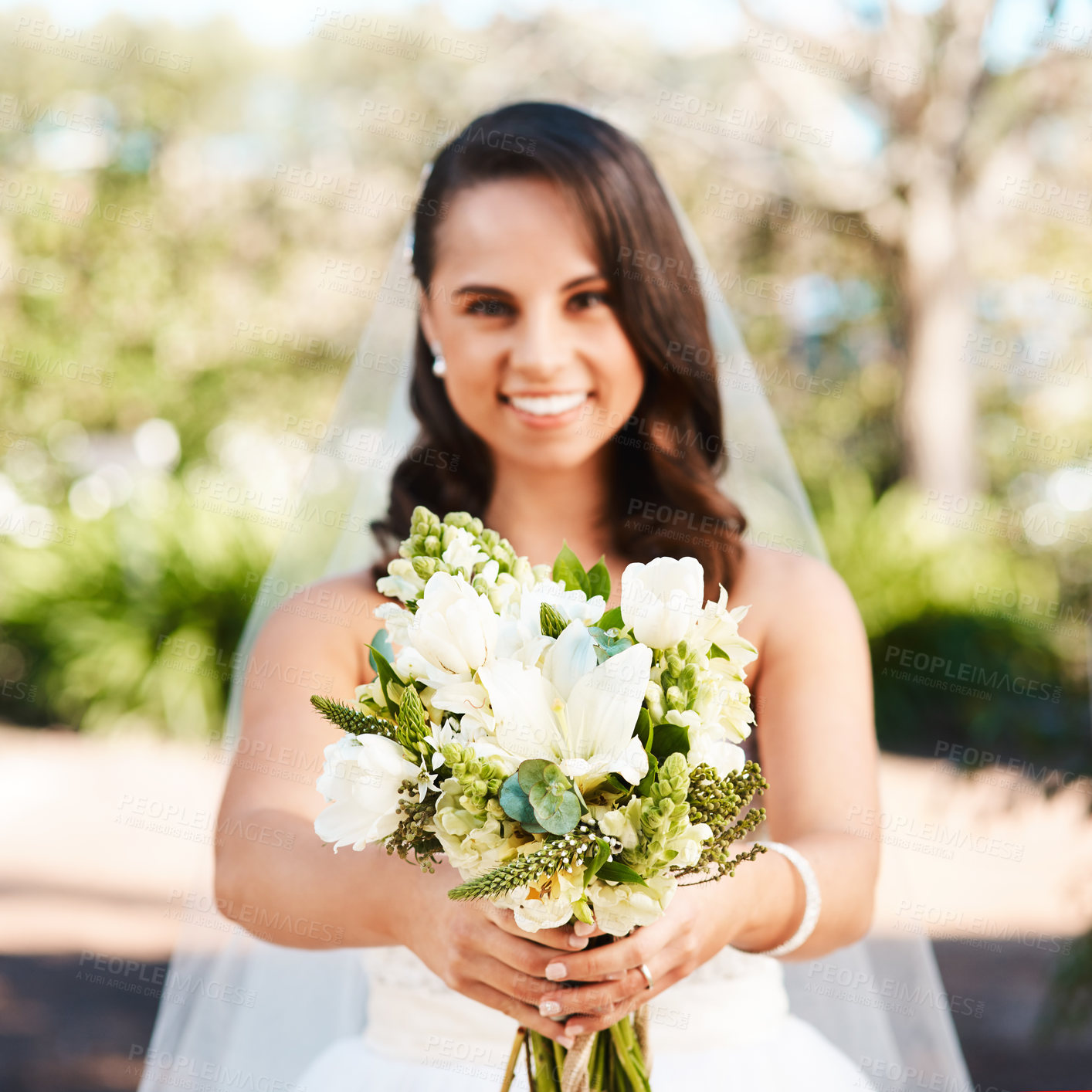 Buy stock photo Happy woman, portrait and bride with bouquet of flowers for wedding, marriage or ceremony in outdoor nature. Female person with bunch of white roses in dress for love, tradition or natural greenery