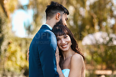 Buy stock photo Couple, portrait and hug on wedding in nature, happy and commitment for marriage or relationship. People, embrace and countryside in outdoor ceremony, partnership and celebration of love or bonding