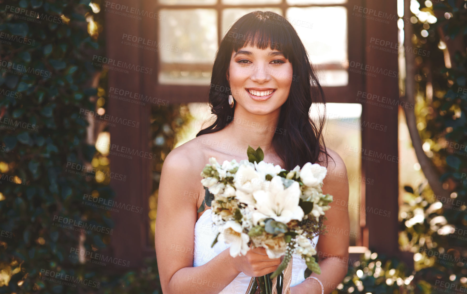 Buy stock photo Happy woman, portrait and wedding with bouquet of roses in nature for marriage, ceremony or commitment. Married female person with smile or bunch of flowers for summer celebration or natural beauty