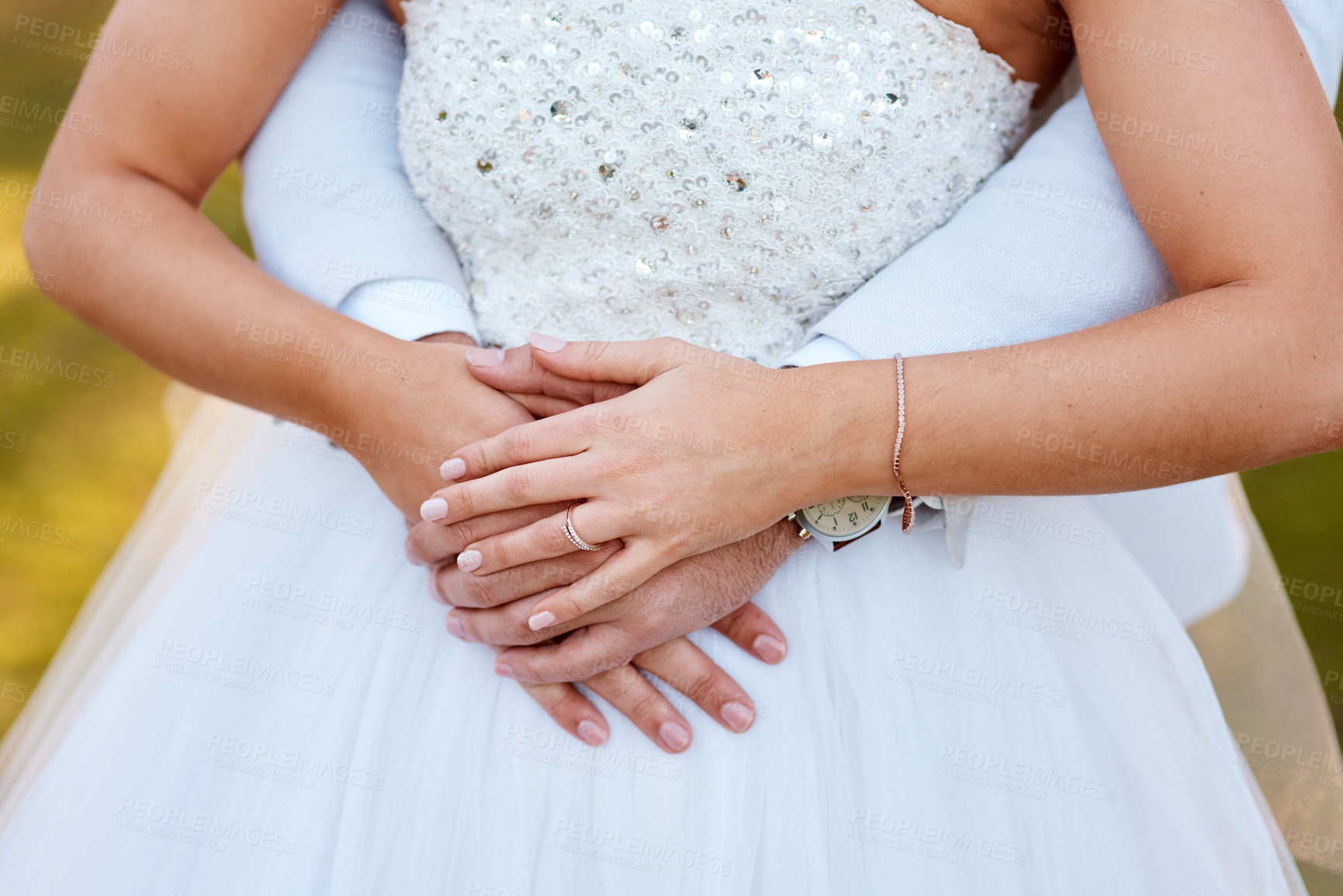 Buy stock photo Wedding, bride and holding hands in hug with love and luxury diamond ring, fashion or jewellery. Engagement, marriage and people together at event for commitment with respect, care and support