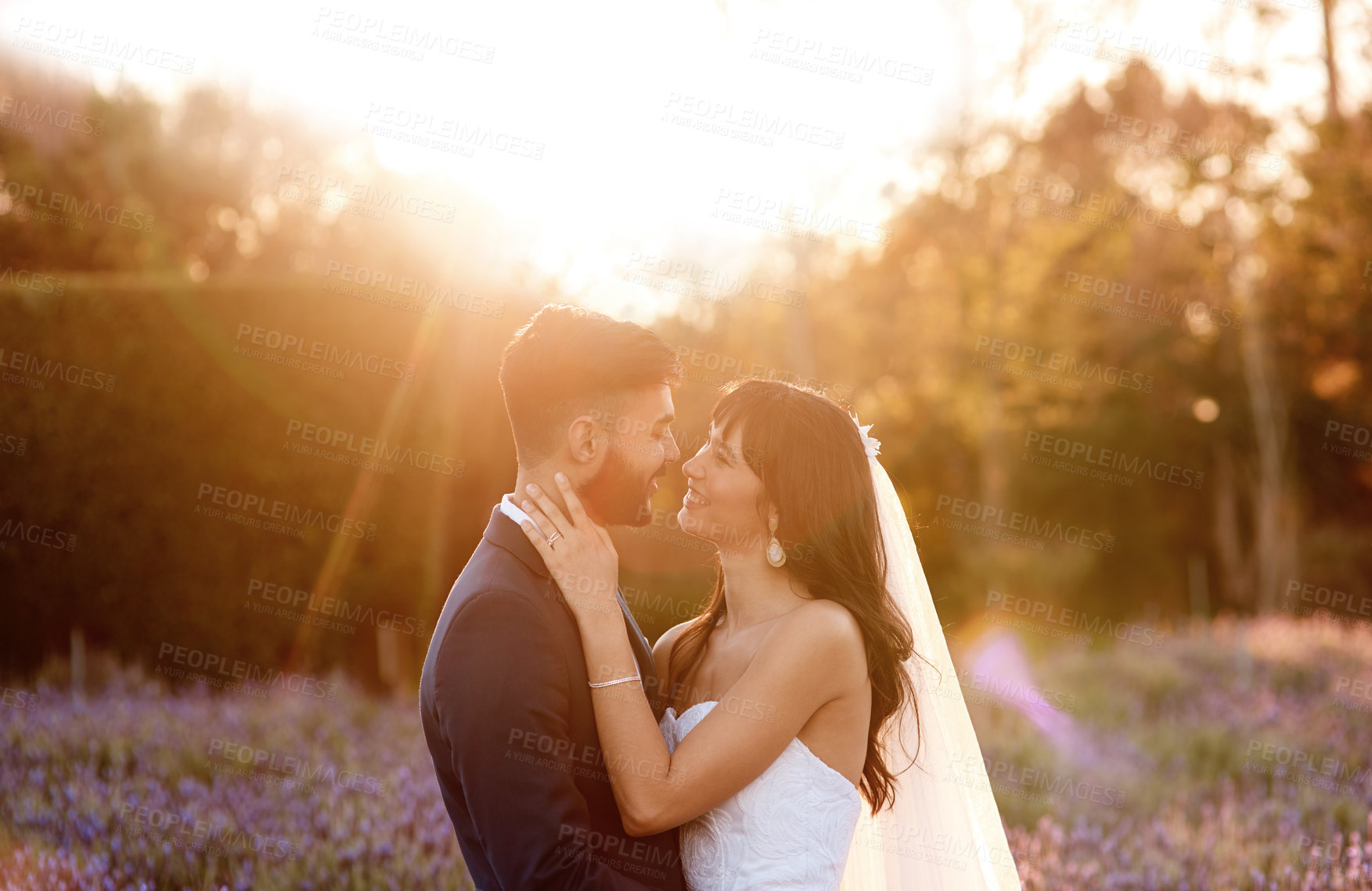 Buy stock photo Wedding, sunset and couple in garden with love, celebration and commitment with gratitude and hope. Marriage, fashion and people with care, support and kindness in partnership with trust and loyalty