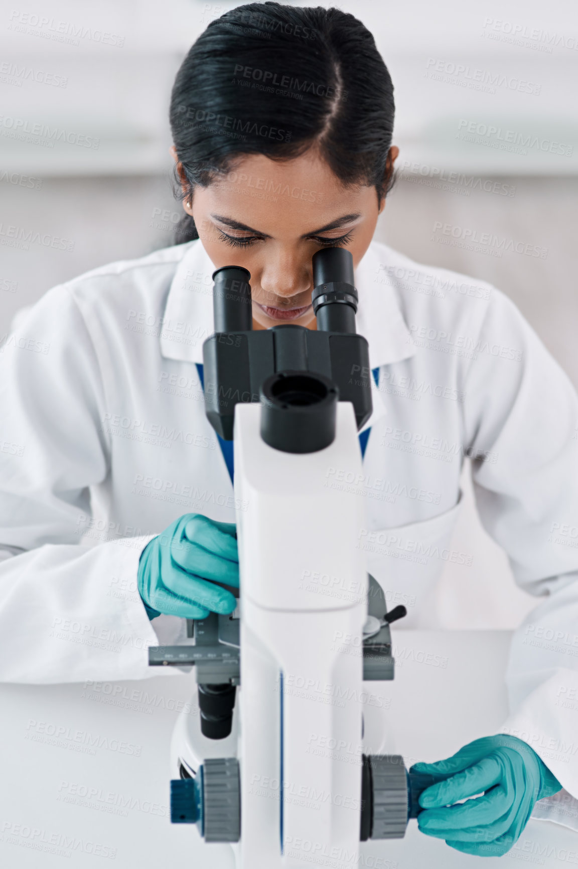 Buy stock photo Pathologist, microscope and science in lab for innovation and medical healthcare development. Woman, analysis and chemistry experiment for pharmaceutical breakthrough and vaccine research in Brazil