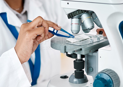 Buy stock photo Cropped shot of an unrecognizable female scientist placing a microscopic slide under the microscope while working in a laboratory