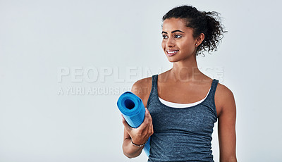 Buy stock photo Yoga, fitness and face of woman with mat for wellness, exercise and healthy body on white background. Happy, pilates mockup and female person ready for workout for balance, wellbeing and training