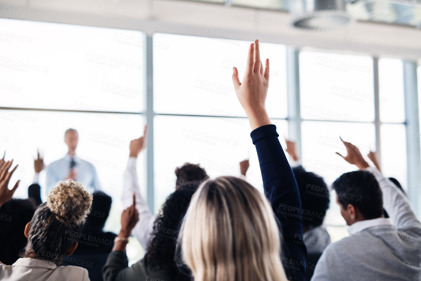 Buy stock photo Conference, convention and business people with hands for a question, vote or volunteering. Corporate event, meeting and hand raised in a training seminar for questions, voting or audience opinion