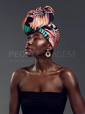 Buy stock photo African fashion, makeup and face of black woman in studio on gray background with luxury, cosmetics and beauty. Glamour, culture and female person glow in exotic jewelry, traditional style and scarf