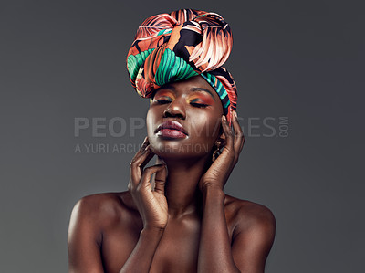 Buy stock photo Beauty, makeup and black woman with a turban in studio with a elegant, glam and cosmetic face. Beautiful, young and African female model with a head wrap with sensual pose isolated by gray background