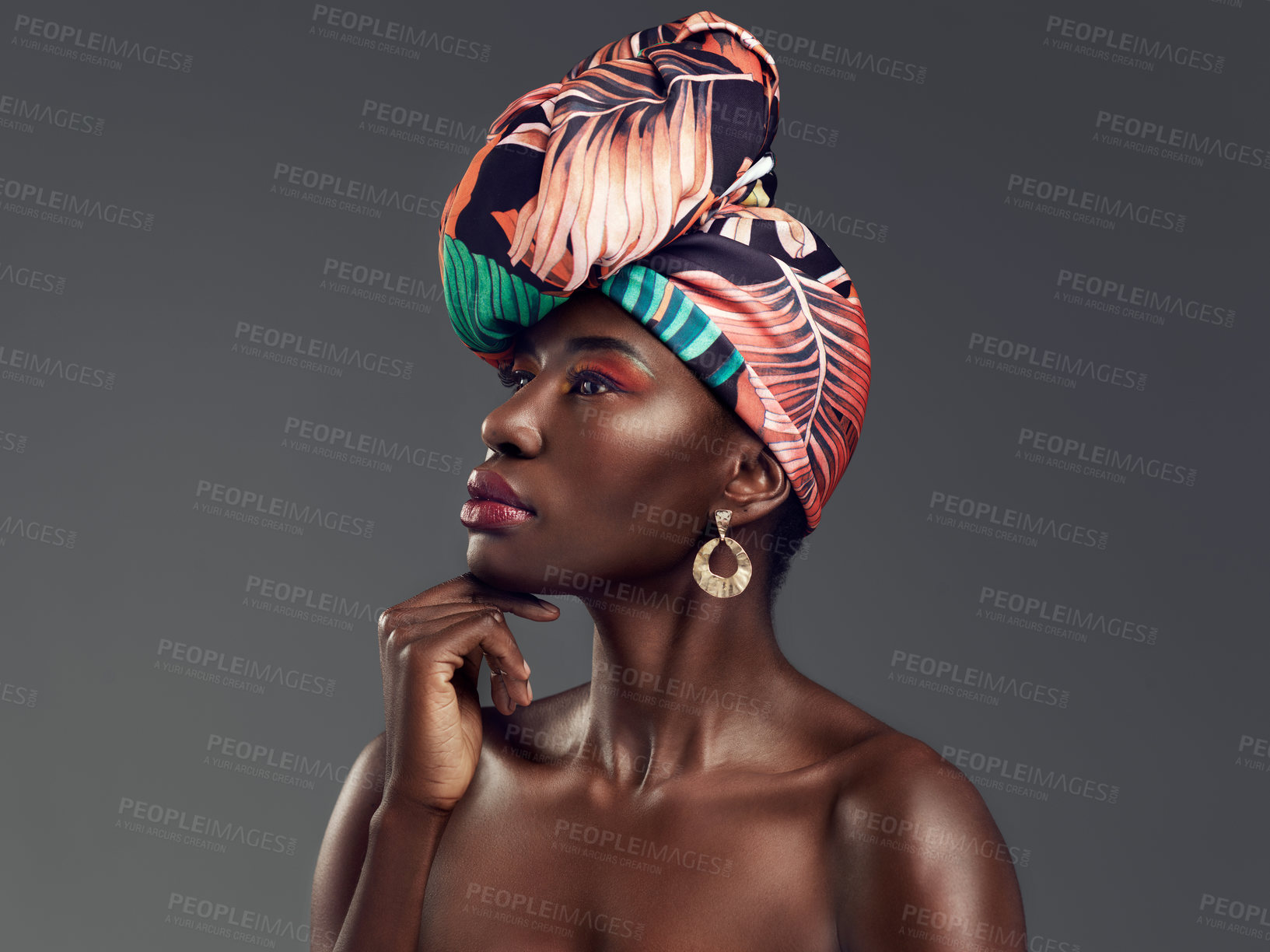 Buy stock photo Beauty, makeup and profile of black woman with turban in studio with classy, elegant and traditional accessories. Culture, cosmetic and African female model with head wrap isolated by gray background