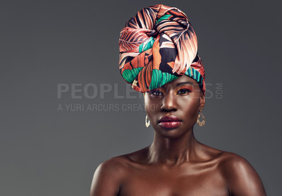 Buy stock photo Portrait, head wrap and black woman with fashion, beauty and confident on a grey studio background. Face, female person and model with traditional turban, cosmetics and makeup with skincare or mockup
