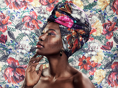 Buy stock photo Black woman in African turban, fashion on flower background and beauty, makeup with floral aesthetic. Natural cosmetics, profile and female model in traditional head wrap with creativity and style