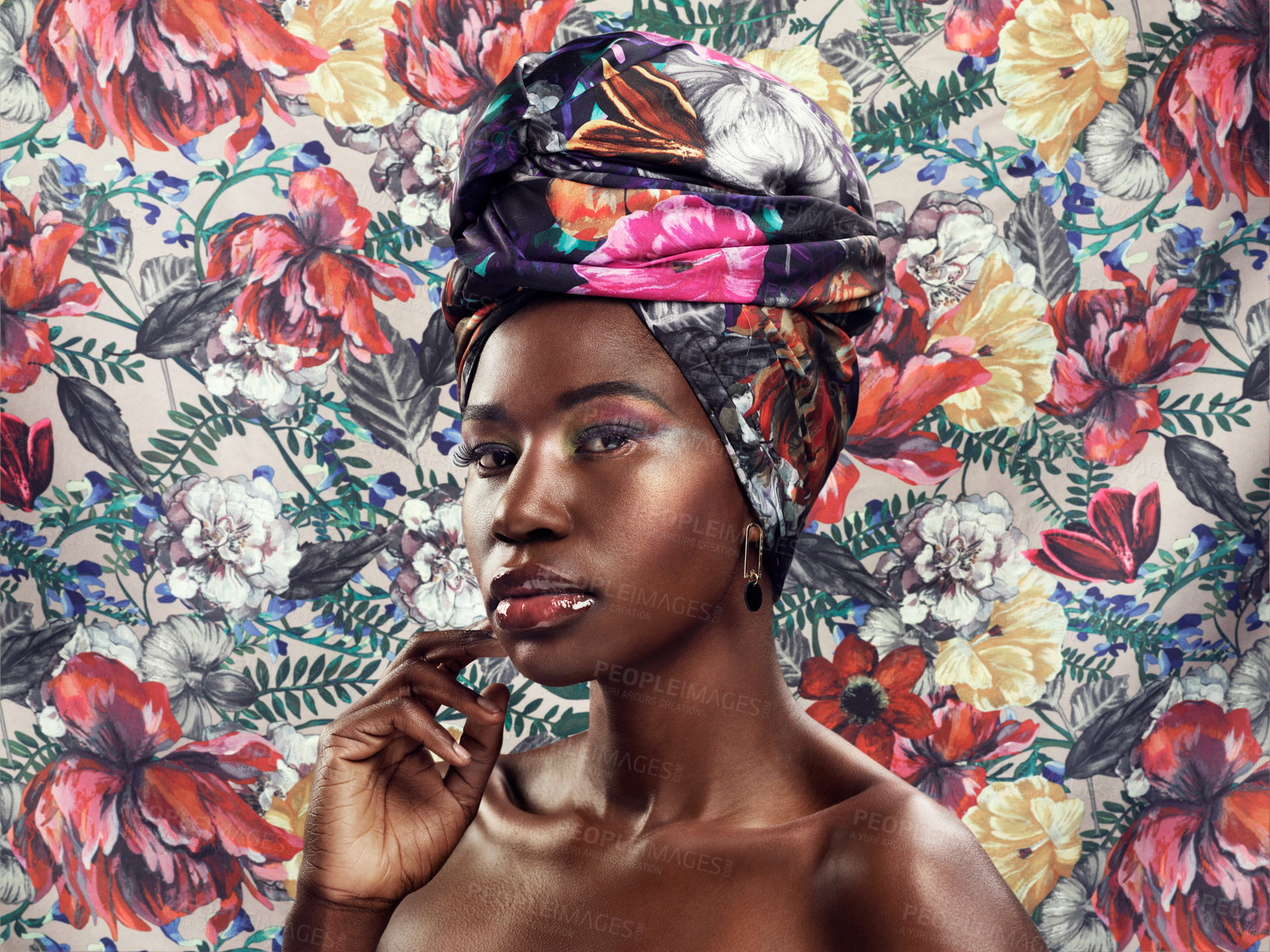 Buy stock photo Portrait, floral and black woman with a head wrap, fashion and confidence with style, trendy and cultural. Face, female person and model with traditional headdress, colorful and beauty with pride