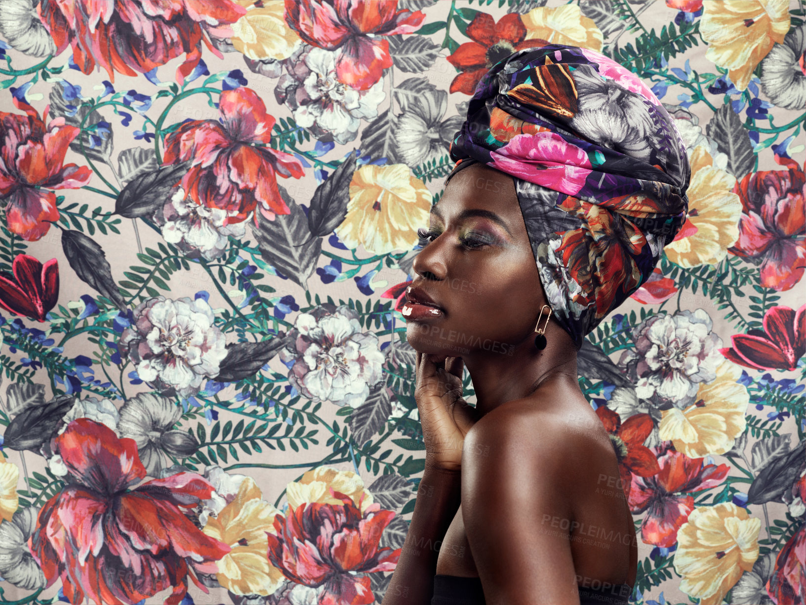 Buy stock photo Black woman in turban, fashion on flower background and beauty, makeup with floral aesthetic. Natural cosmetics, profile and female model in traditional African head wrap with creativity and style