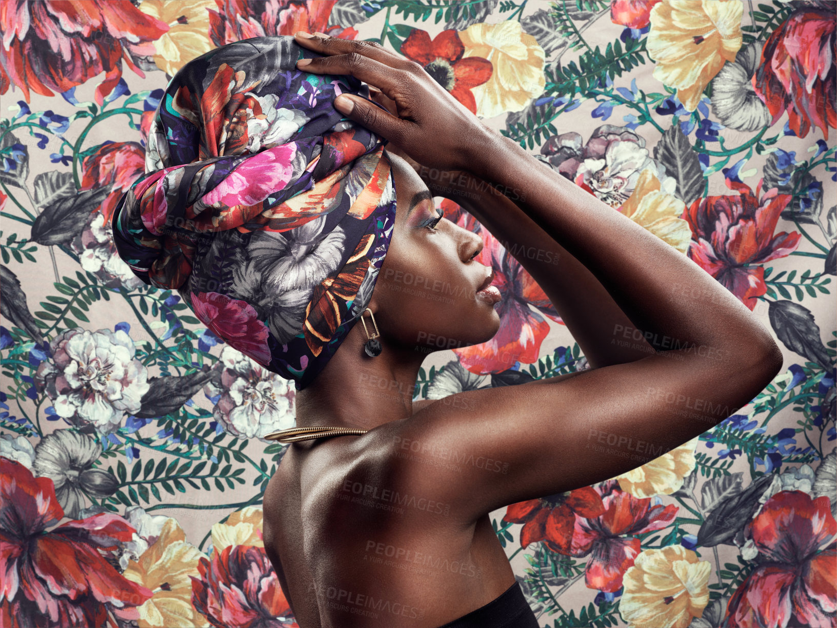 Buy stock photo Fashion, beauty and black woman with scarf on flower background with glamour, cosmetics and makeup. Floral pattern, designer and face of female person in exotic jewelry, African style and head turban