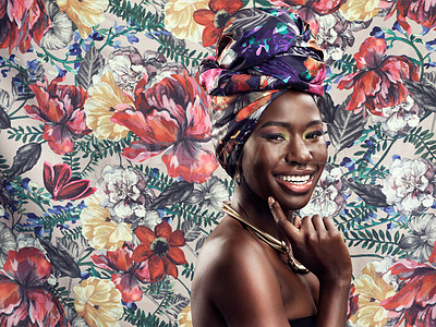Buy stock photo Makeup, fashion and portrait of black woman on flower background with glamour, cosmetics and fashion. Floral pattern, happy and face of female person in exotic jewelry, African style and head scarf