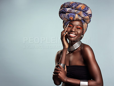 Buy stock photo Smile, black woman and portrait with African head wrap and beauty in a studio. Isolated, grey background traditional Africa turban with a young face and female model with culture pride and mockup