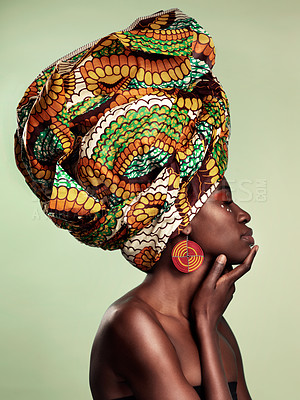 Buy stock photo Beauty, profile and black woman in head wrap in studio for culture, glow and cosmetics on green background with space. Makeup, turban and african female model with pride, tradition and confidence