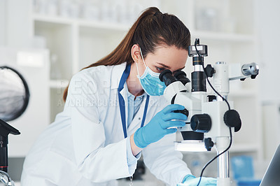 Buy stock photo Cropped shot of a focused young female scientist looking through a microscope while doing tests inside of a laboratory