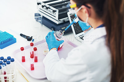 Buy stock photo Blood sample, scientist and laboratory with testing, research and science equipment for monkeypox vaccine. Woman, medical gear and virus DNA analysis for cure with forensic vial for disease study