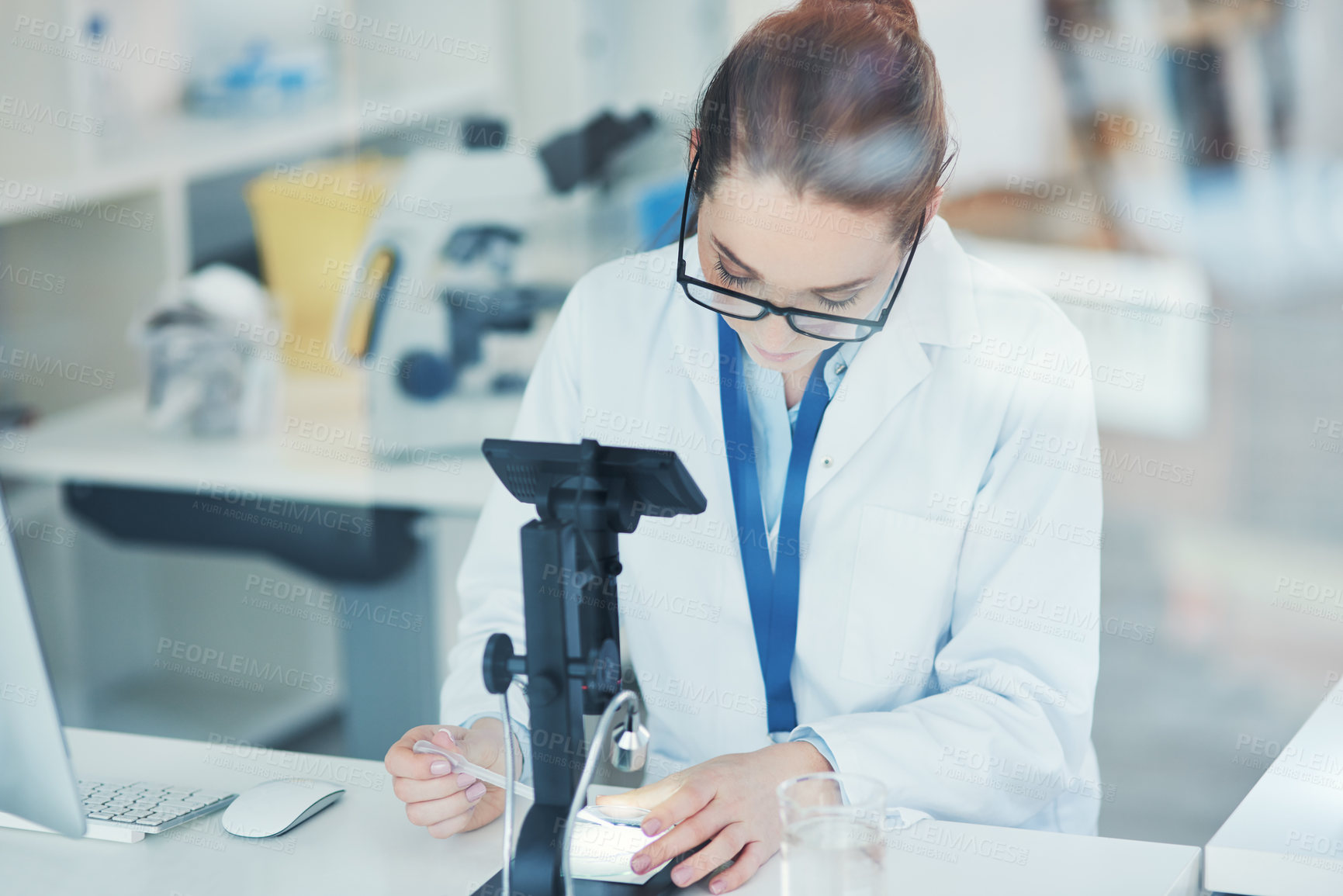 Buy stock photo Sample, pipette and scientist with medical research, science lab or biology for pharmaceutical in Denmark. Female person, microscope and technician in pathology, test or investigation in mpox vaccine