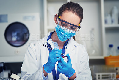 Buy stock photo Ppe, scientist and sample in research laboratory for medicine, chemistry or pharmaceutical in Denmark. Female person, doctor and protection with face mask in pathology, science or monkey pox vaccine