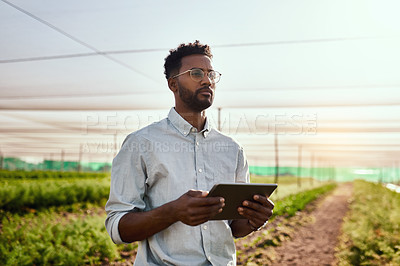 Buy stock photo Cropped shot of a handsome young male farmer using a tablet while working on his farm