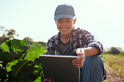 Buy stock photo Cropped shot of an attractive young female farmer using a tablet while working on her farm