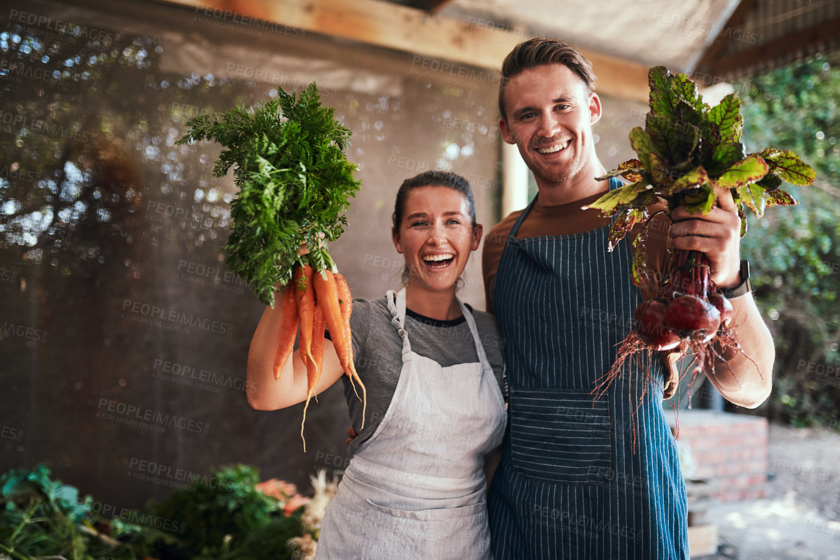 Buy stock photo Portrait of a happy young couple posing together holding bunches of freshly picked carrots and beetroot at their farm