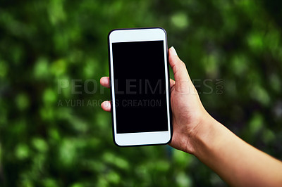 Buy stock photo Person, hands and farmer with phone screen for agriculture, marketing or advertising in nature. Closeup, economist or eco friendly user with mobile smartphone display for agro app or mockup space