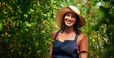 Buy stock photo Portrait of an attractive young female farmer posing outdoors in the fields at her farm