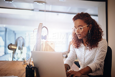 Buy stock photo Business woman, laptop and typing in workplace for strategy, planning schedule and thinking. Female content manager, seo expert or reading on web, app or social network communication with creativity