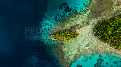 Buy stock photo Drone, island and water for travel, adventure and exploring nature from above. Empty, paradise and top view of tropical nature, beauty and scenery in Indonesia for traveling, tourism and vacation