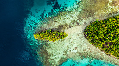 Buy stock photo Drone, tropical island and ocean outdoors by jungle and nature travel for planet adventure. Aerial view, Raja Ampat and location in Indonesia for vacation, forest and sea or water for peace or calm