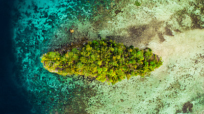 Buy stock photo Drone, water or island for travel, adventure or exploring nature from above. Empty, paradise and aerial view of tropical environment, beauty or scenery in Indonesia for traveling, tourism or vacation