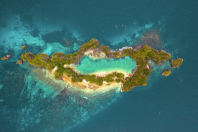 Buy stock photo High angle shot of a little islets and islands in the middle of Indonesia